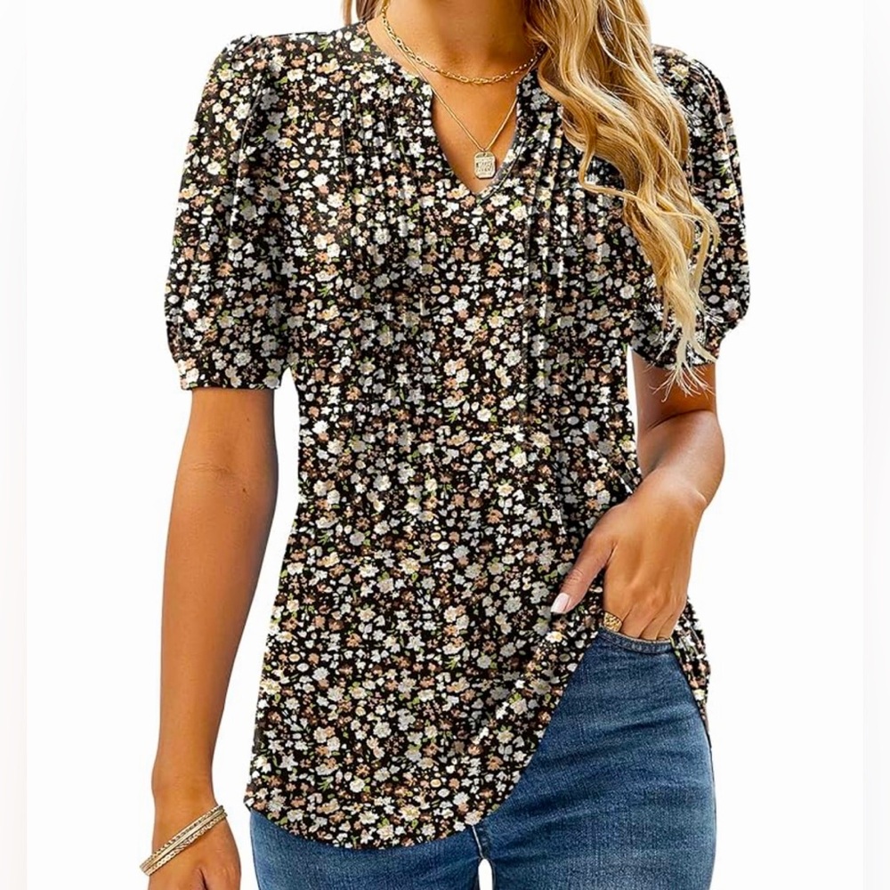 Micoson Women’s V Neck Puff Short Sleeve Pleated T Shirt Large